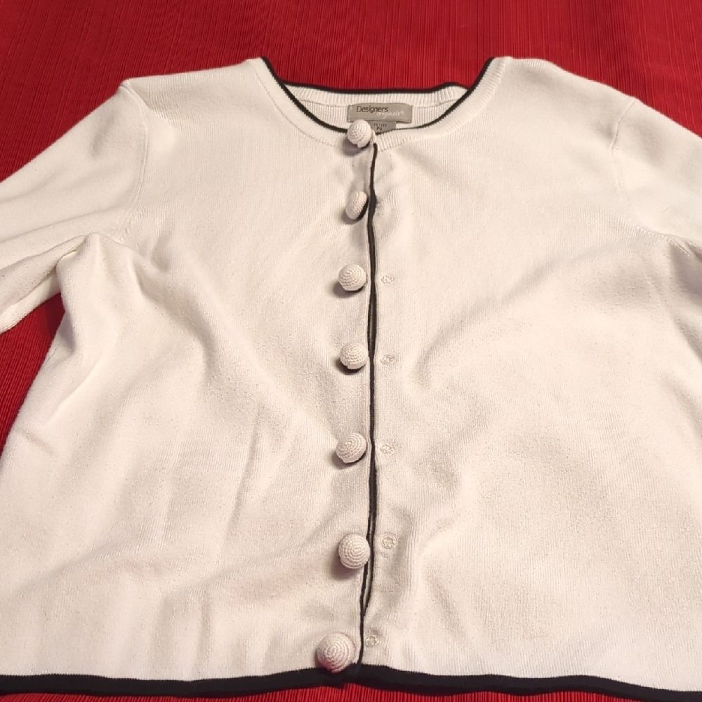 Designers Originals White Cardigan with Black Trim